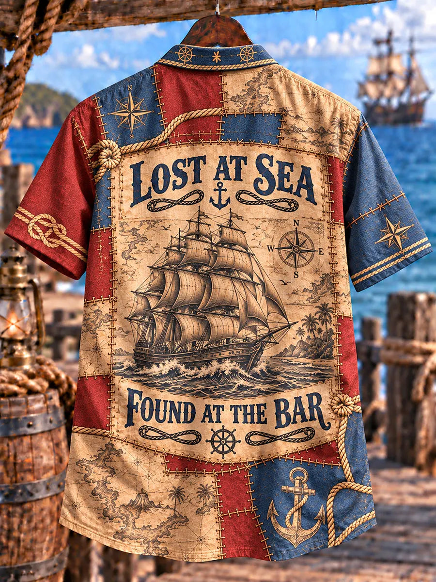 Men’s Vintage Nautical Patchwork Print Lace-Up Short Sleeve Shirt