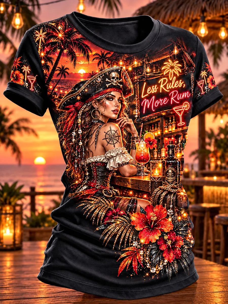 Rum Bar Pirate Woman Neon Graphic T-Shirt