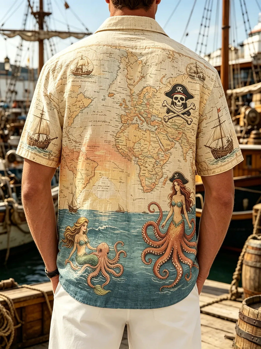 Linen-Texture Vintage Map Pirate Ship Octopus Mermaid and Pirate Motif Chest Pocket Holiday Hawaiian Shirt