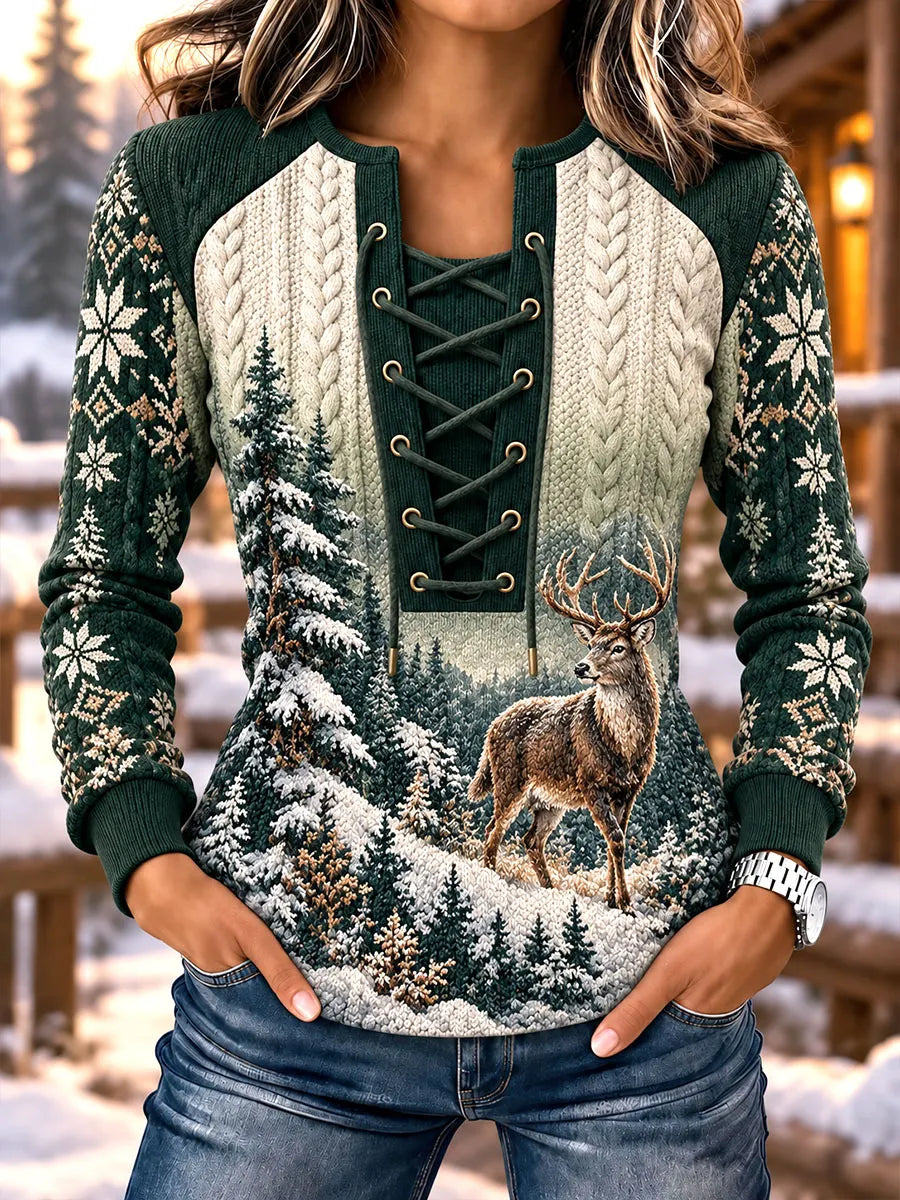 Women's Winter Deer Forest Print Stitch Detail Lace-Up Sweatshirt