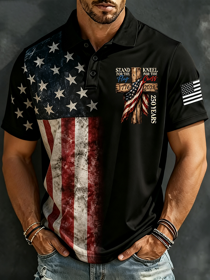 Men'S American Flag Print Casual Polo Shirt