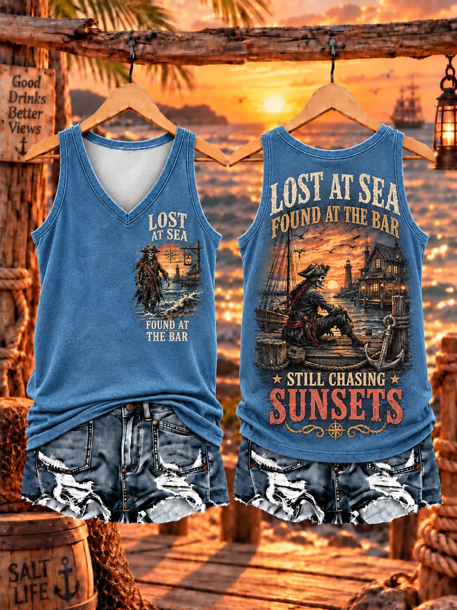 Women‘s "LOST AT SEA FOUND AT THE BAR STILL CHASING SUNSETS" V-Neck Tank Top