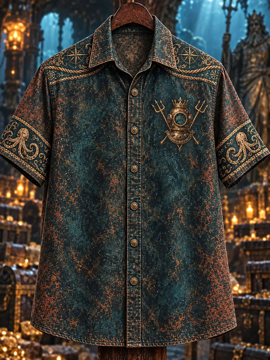 Men’s Vintage Deep-Sea Skeleton King & Sunken Treasure Short-Sleeve Shirt