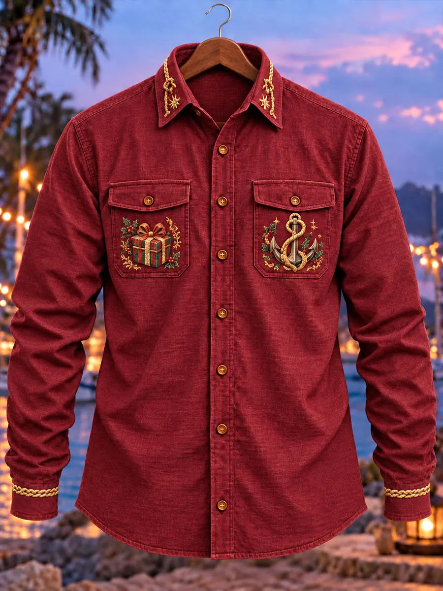 Men's Funny Christmas Pirate Octopus Print Long Sleeve Shirt
