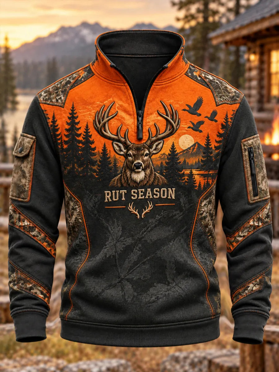Men's Retro Hunting Culture Print Zip Sweatshirt
