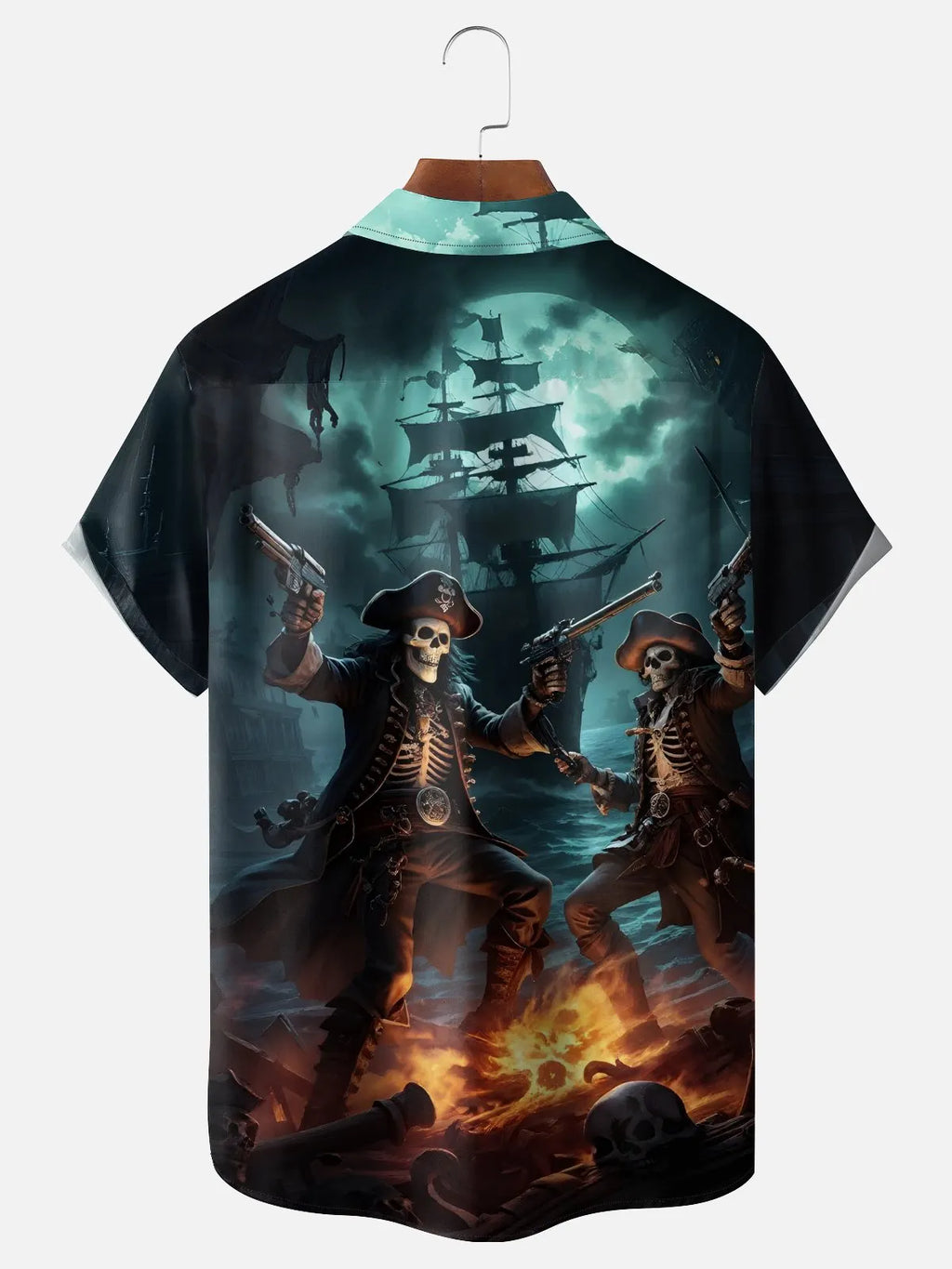 Moisture-wicking Ocean Pirate Ship Skull Pirate Chest Pocket Casual Shirt