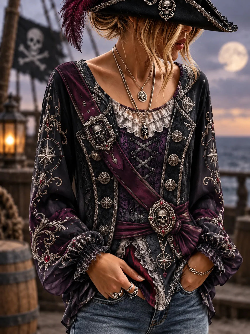 Women's Vintage-Style Pirate Art Print Casual Top
