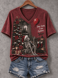 Women's Christmas "Dear Santa, I can explain" Pattern Comfortable V-neck Short Sleeve T-shirt