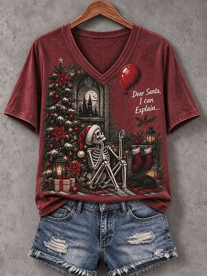 Women's Christmas "Dear Santa, I can explain" Pattern Comfortable V-neck Short Sleeve T-shirt