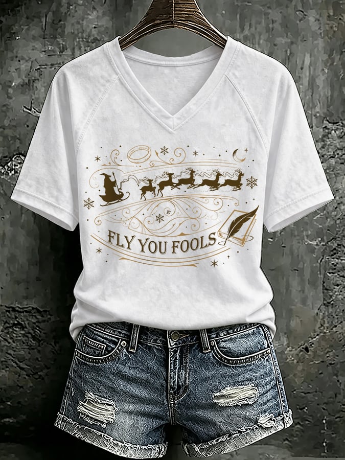 V Neck Retro Funny Christmas Fly You Fools Reindeer Holiday Season Print T-Shirt