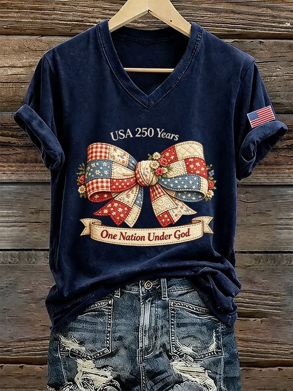 250 Years Of God Under One Country Printed V-Neck T-Shirt For American Women