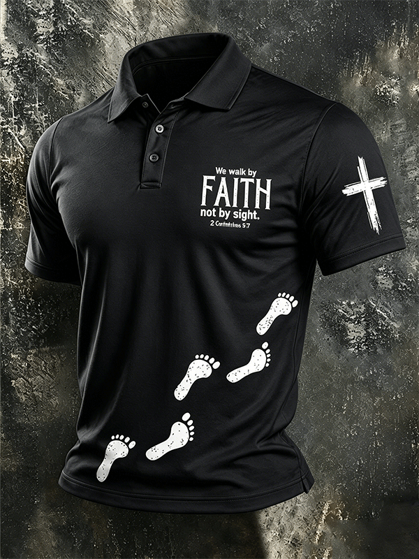 Men's We Walk By Faith Not By Sight Footprint Cross Print Polo Shirt