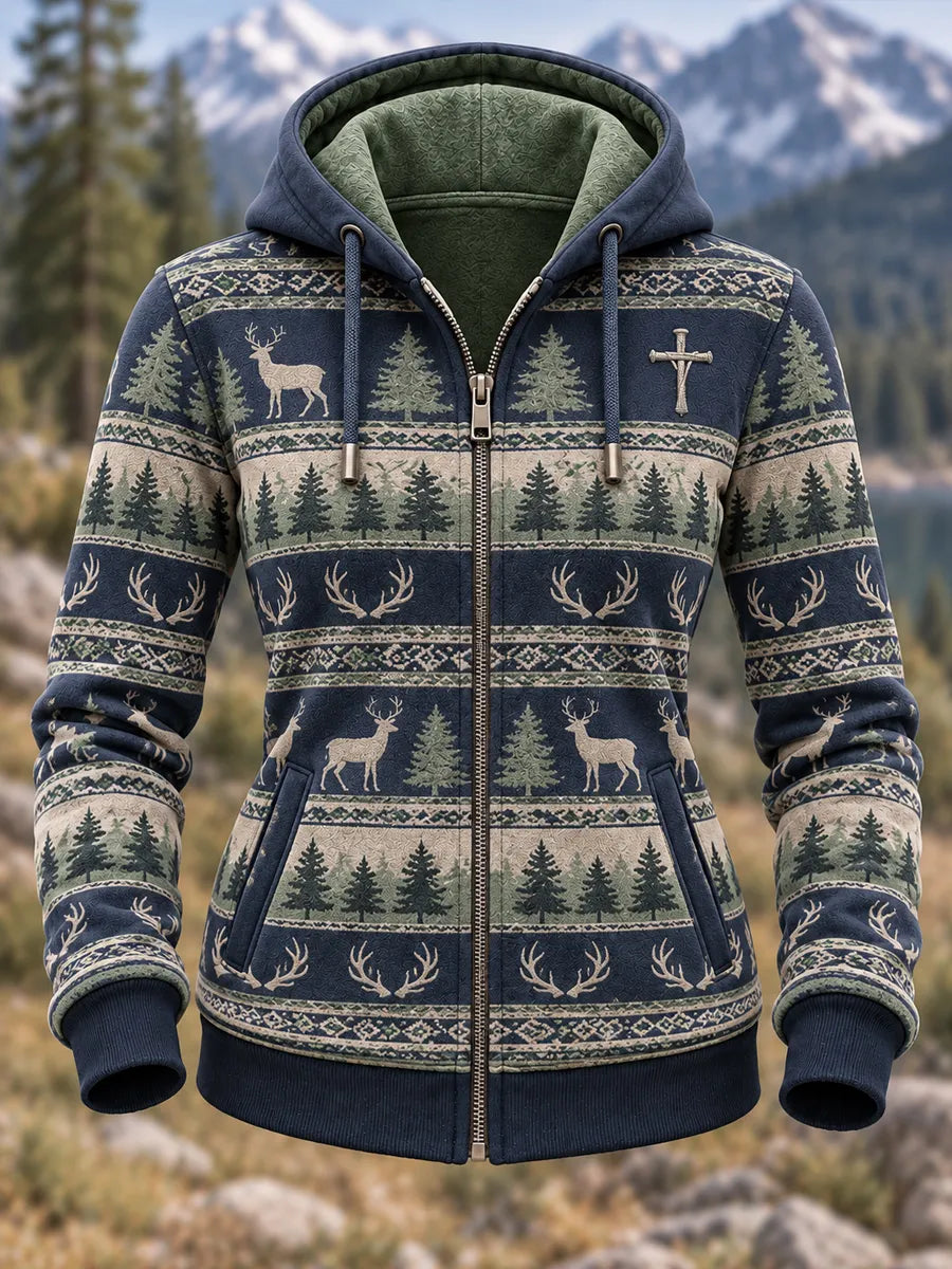 Women's Retro Hunting Culture Art Print Casual Zip-Up Hoodie