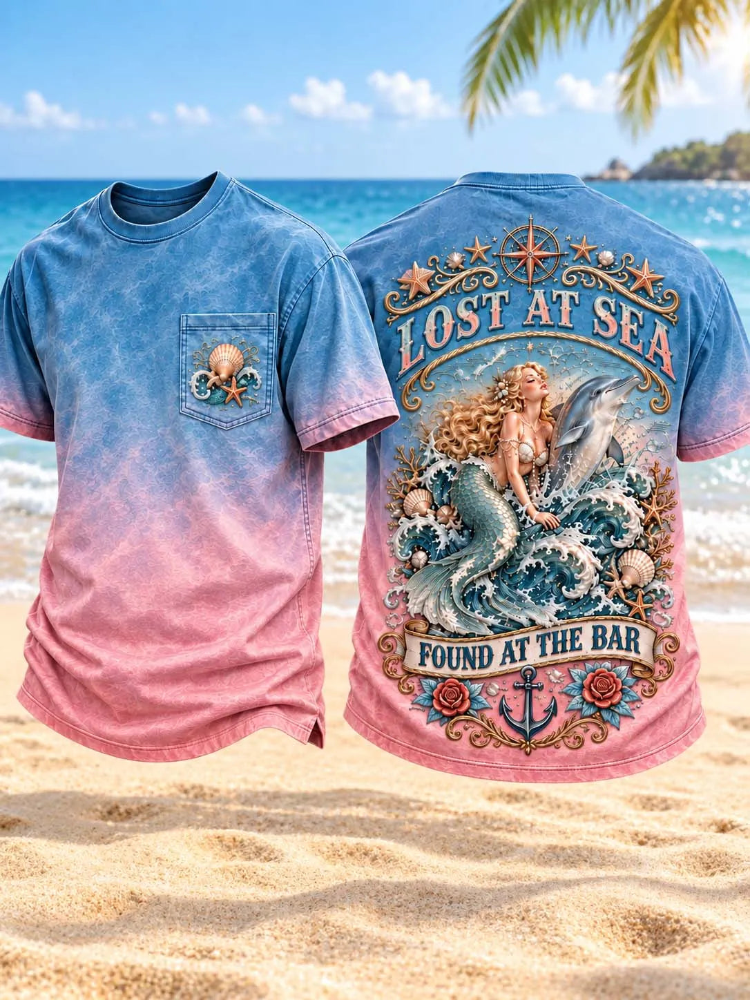 🧜‍♀️ Lost At Sea Found At The Bar Mermaid Dolphin T-Shirt