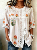 Women'S Retro Casual Floral Faith Art Printed Short Sleeved Shirt
