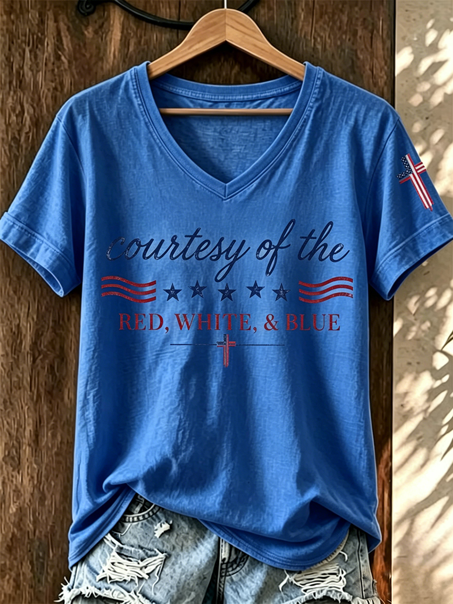 American Faith Cross Flag Commemorative Print V-Neck T-Shirt