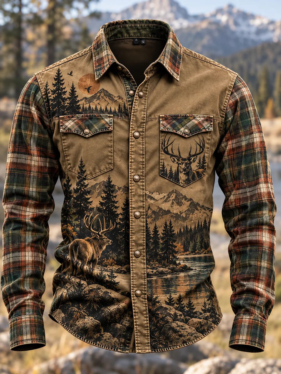 Vintage Hunting Culture Print Long Sleeve Button-Front Shirt