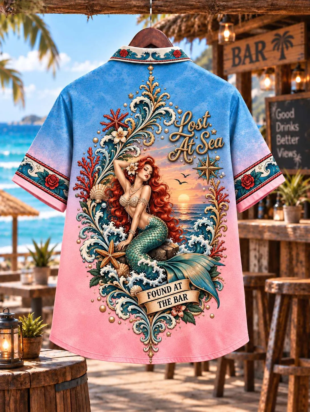 🧜‍♀️ Lost At Sea Found At The Bar Retro Mermaid Sunset Ocean Graphic Shirt