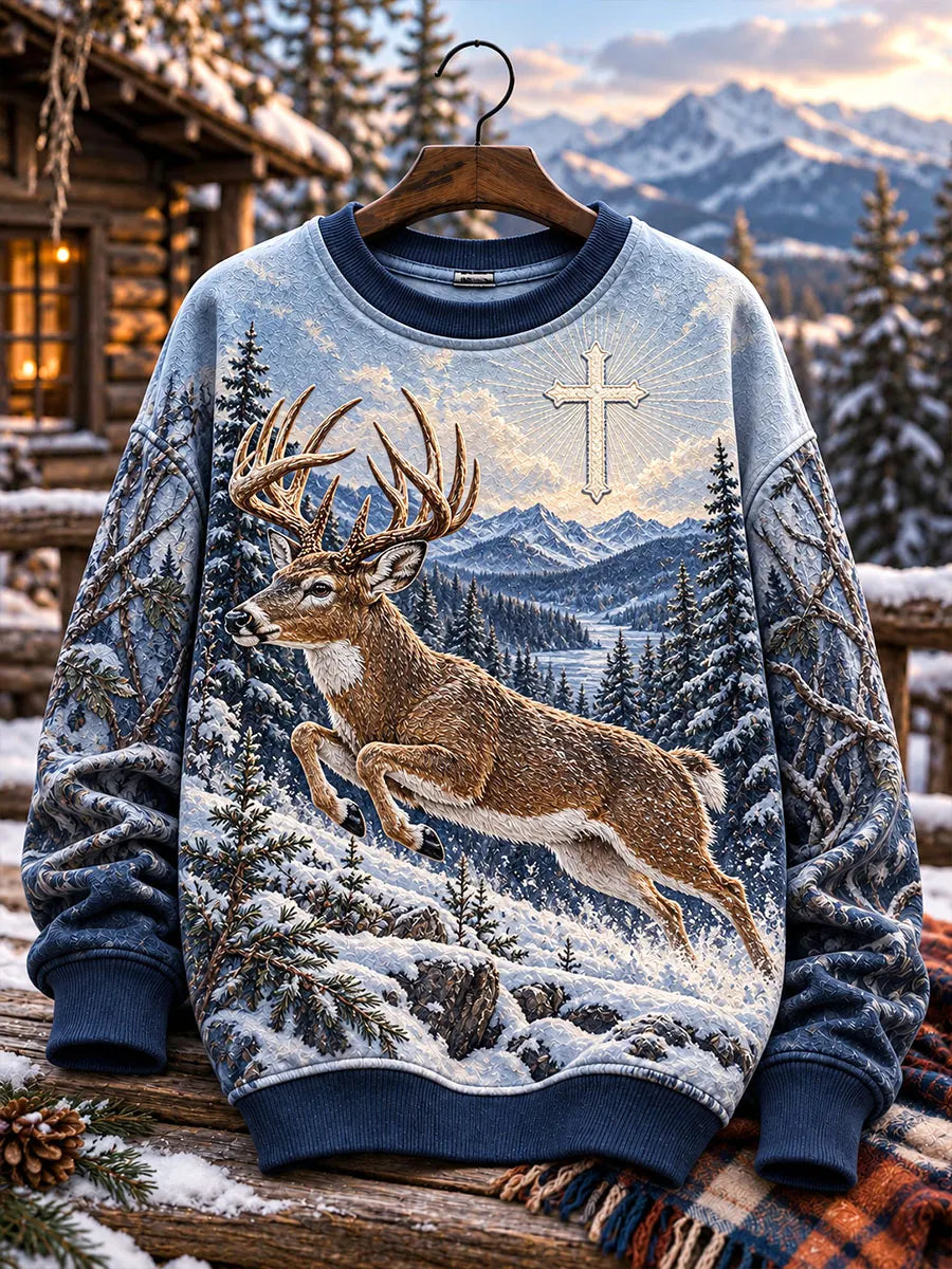 Men's Christian Cross & Winter Deer Mountain Crewneck Sweatshirt