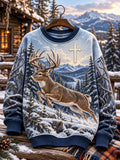 Men's Christian Cross & Winter Deer Mountain Crewneck Sweatshirt