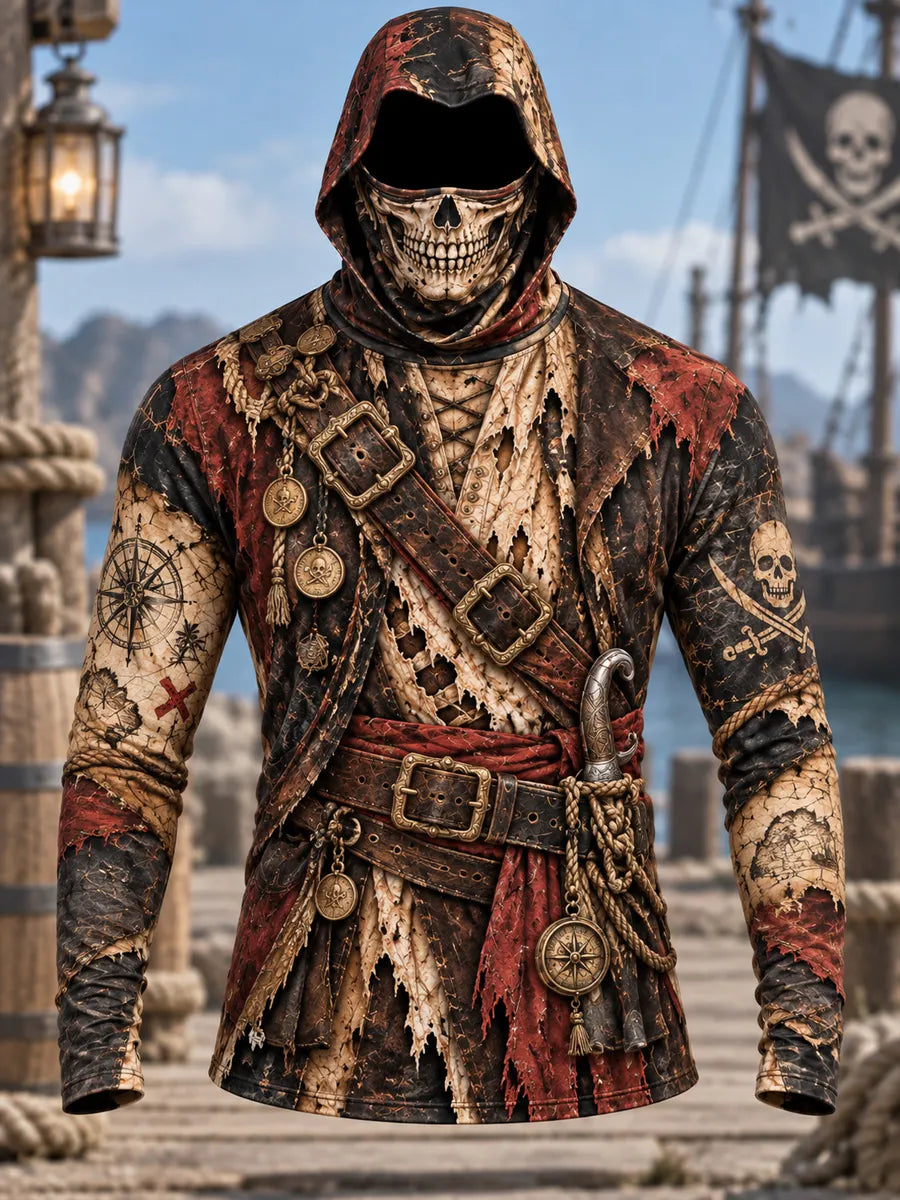 Vintage Pirate Skull Costume Print Hooded Long Sleeve Shirt – Men's Gothic Pirate Style