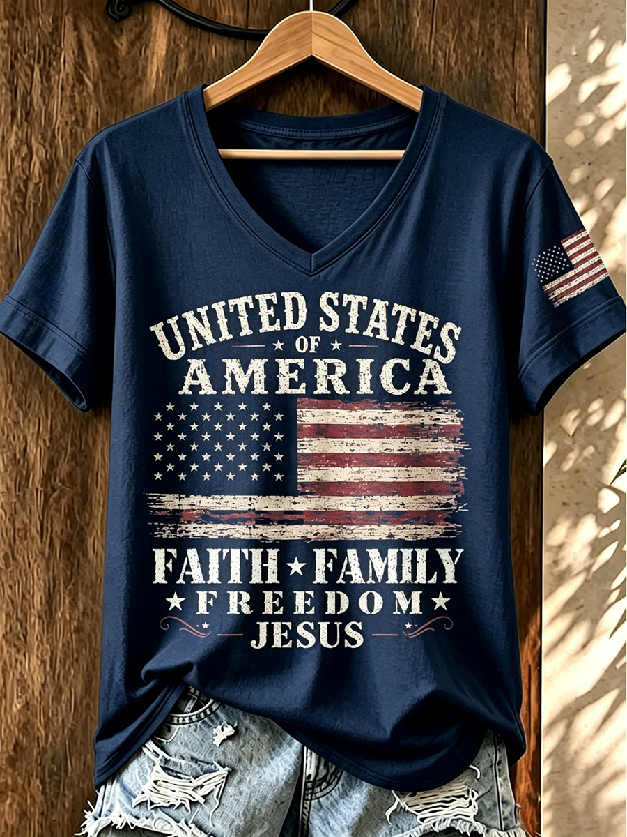 American Faith Jesus Commemorative Print V-Neck Top