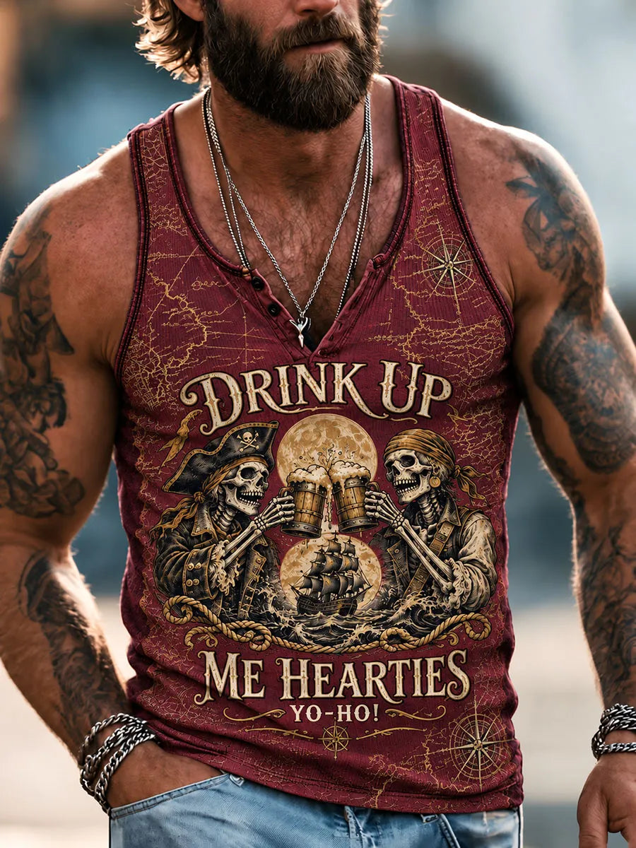 Pirate Skeleton Toast “Drink Up Me Hearties, Yo-Ho!” Men’s Henley Sleeveless Tank Top