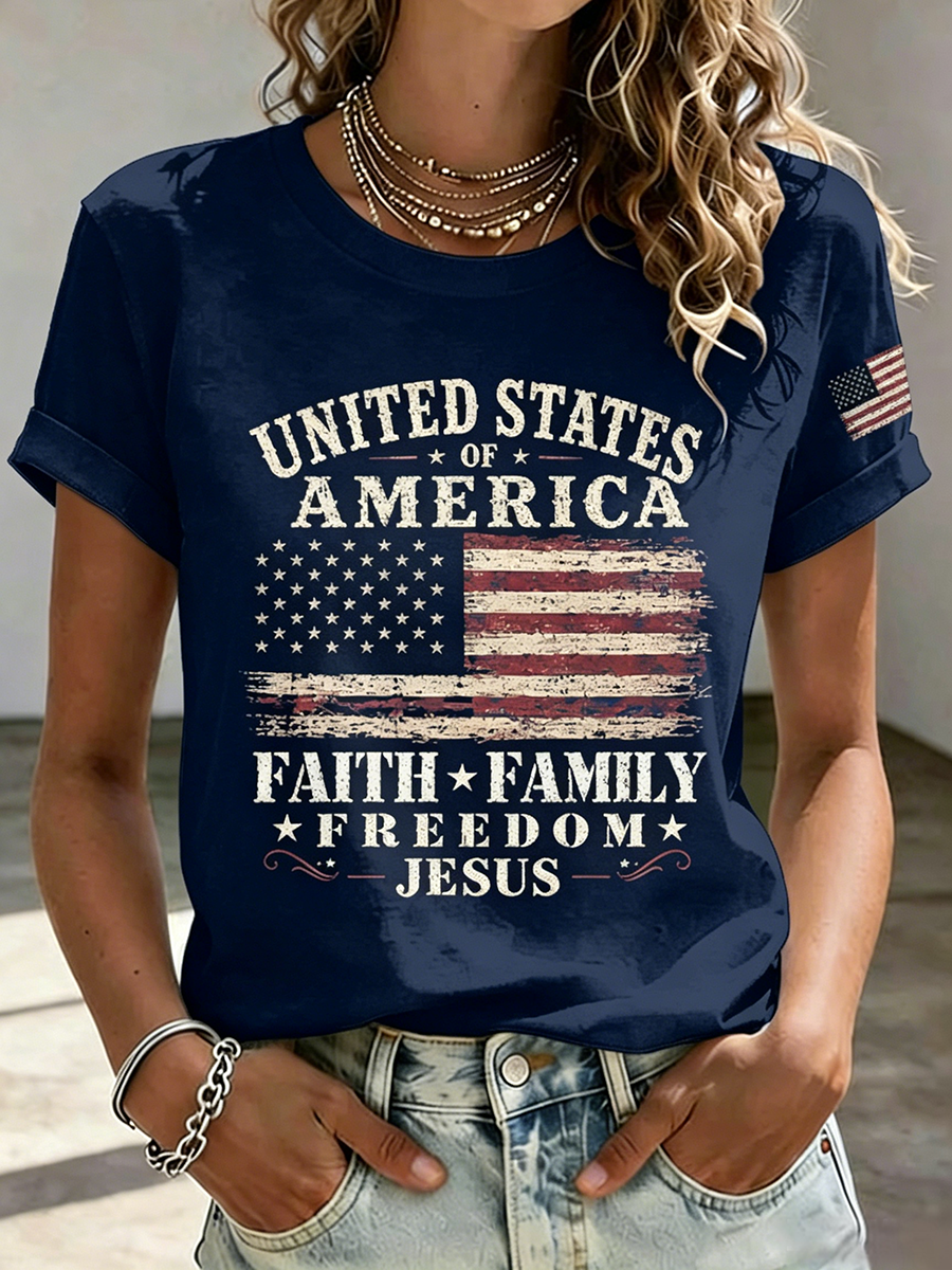 American Flag Jesus Faith Commemorative Print Round Neck T-Shirt