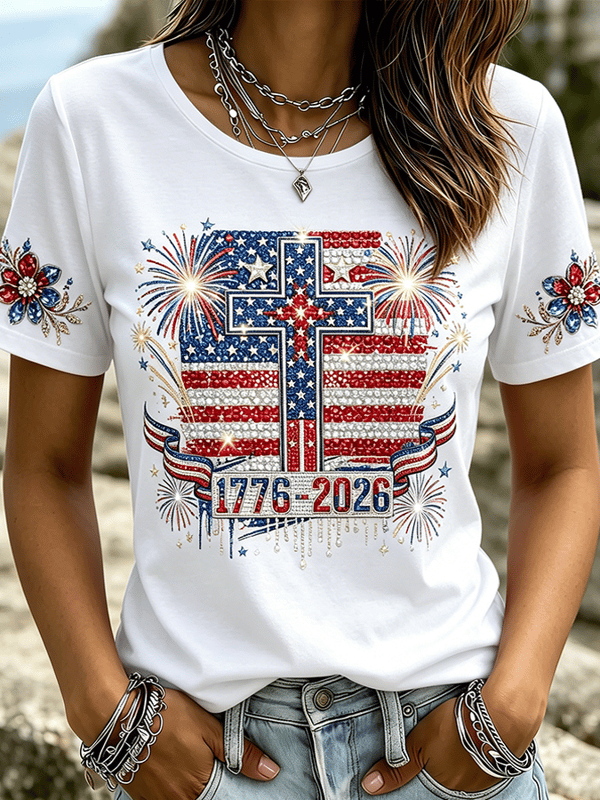 American Patriotic Retro Pattern Printed Comfortable Round Neck T-Shirt