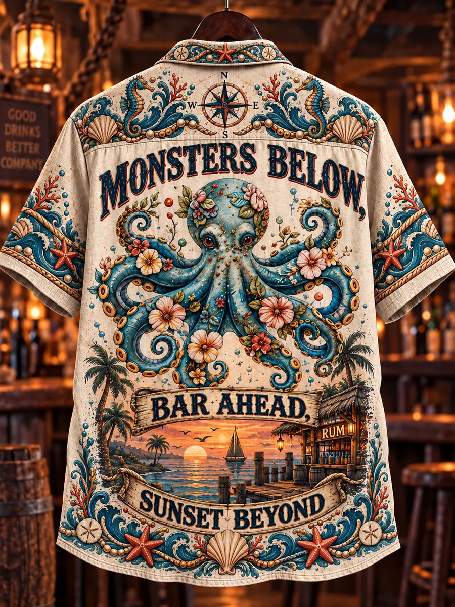 Men’s Vintage  "MONSTERS BELOW, BAR AHEAD, SUNSET BEYOND " Old Salt Printed Short Sleeve Shirt