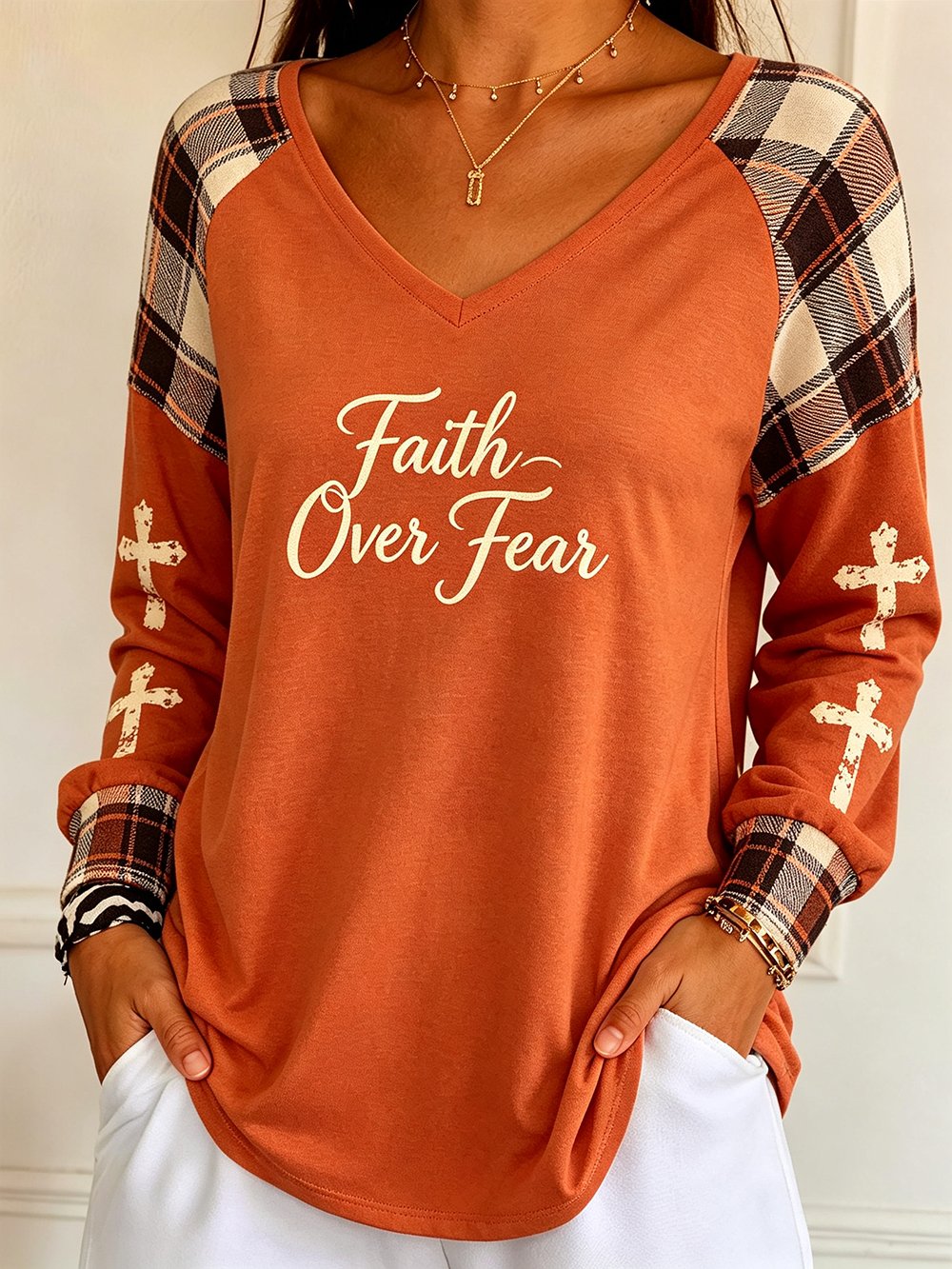 Women's Autumn Collection Printed V-Neck Long-Sleeve T-Shirt