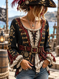 Women's Vintage-Style Pirate Art Print Casual Top