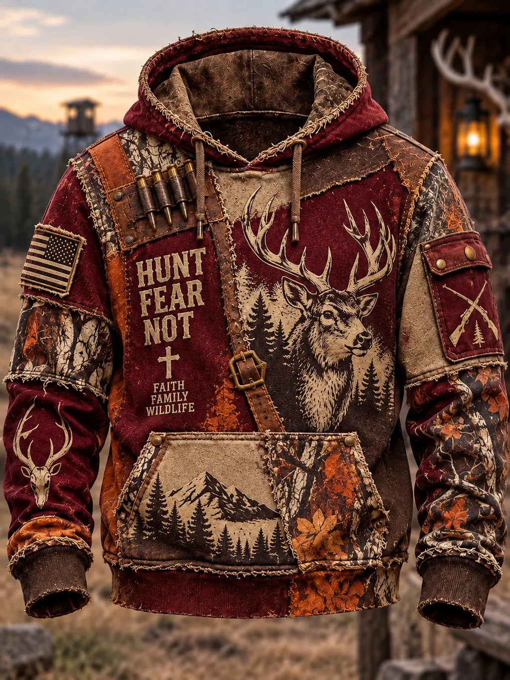 Men's Retro Hunting Culture Print Casual Hoodie
