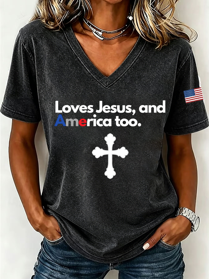 Women'S Loves Jesus and America Too Print Printed T-Shirt
