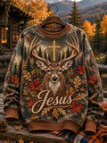 Men's Christian Jesus Cross & Autumn Deer Crewneck Sweatshirt