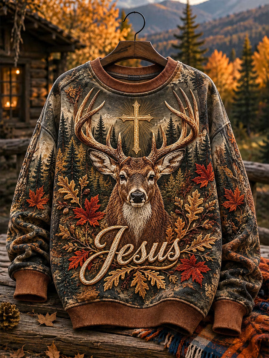 Men's Christian Jesus Cross & Autumn Deer Crewneck Sweatshirt