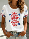 Women's Love for Jesus and American Cross Embroidery Short Sleeve T-shirt