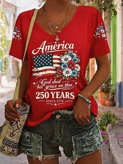 1776-2026 American Women'S 250Th Anniversary Printed V-Neck T-Shirt