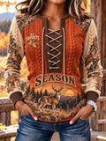 Women's Vintage Hunting Season Deer Stitch-Detail Sweatshirt