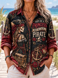 Women's Retro Style Pirate Ocean Theme Long-Sleeve Collared Shirt