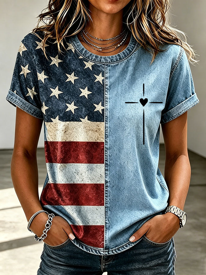 250Th Anniversary Cross Printed Casual Shirt For American Women