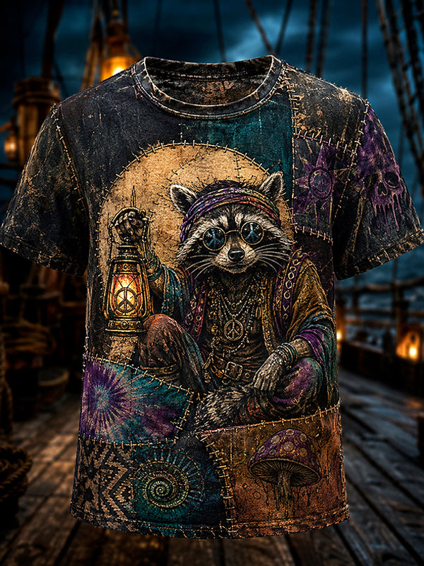 Men's Mysterious Hippie Raccoon Pirate Art Print T-Shirt