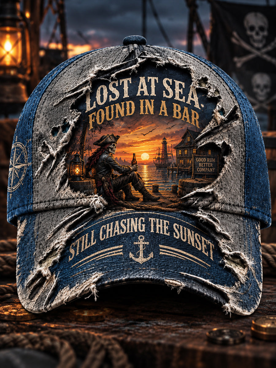 Retro Pirate's Old Salt "LOST AT SEA FOUND AT THE BAR" Printed Baseball Cap