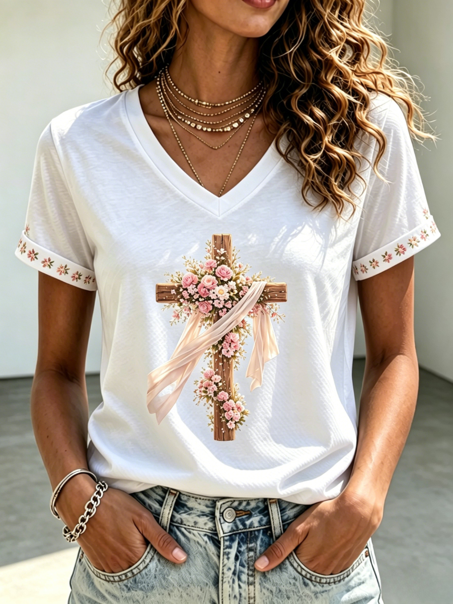 Women'S Casual Floral Faith Cross Print V-Neck T-Shirt