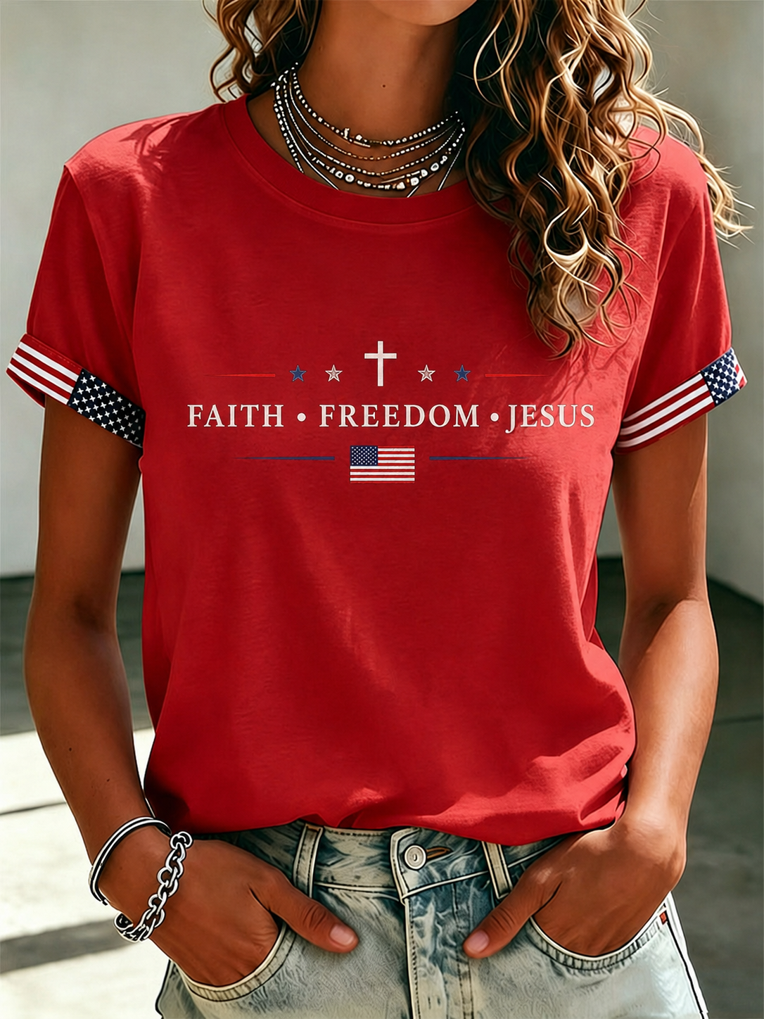 Women's Freedom of Faith Jesus American Flag Round Neck Patriotic T-shirt