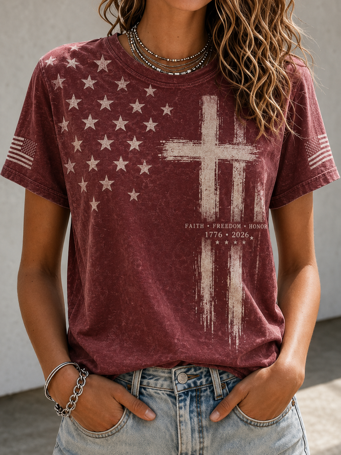 Women'S Clothing Belief, Freedom, Honor 1776 · 2026 And Flag Print Round Neck T-Shirt