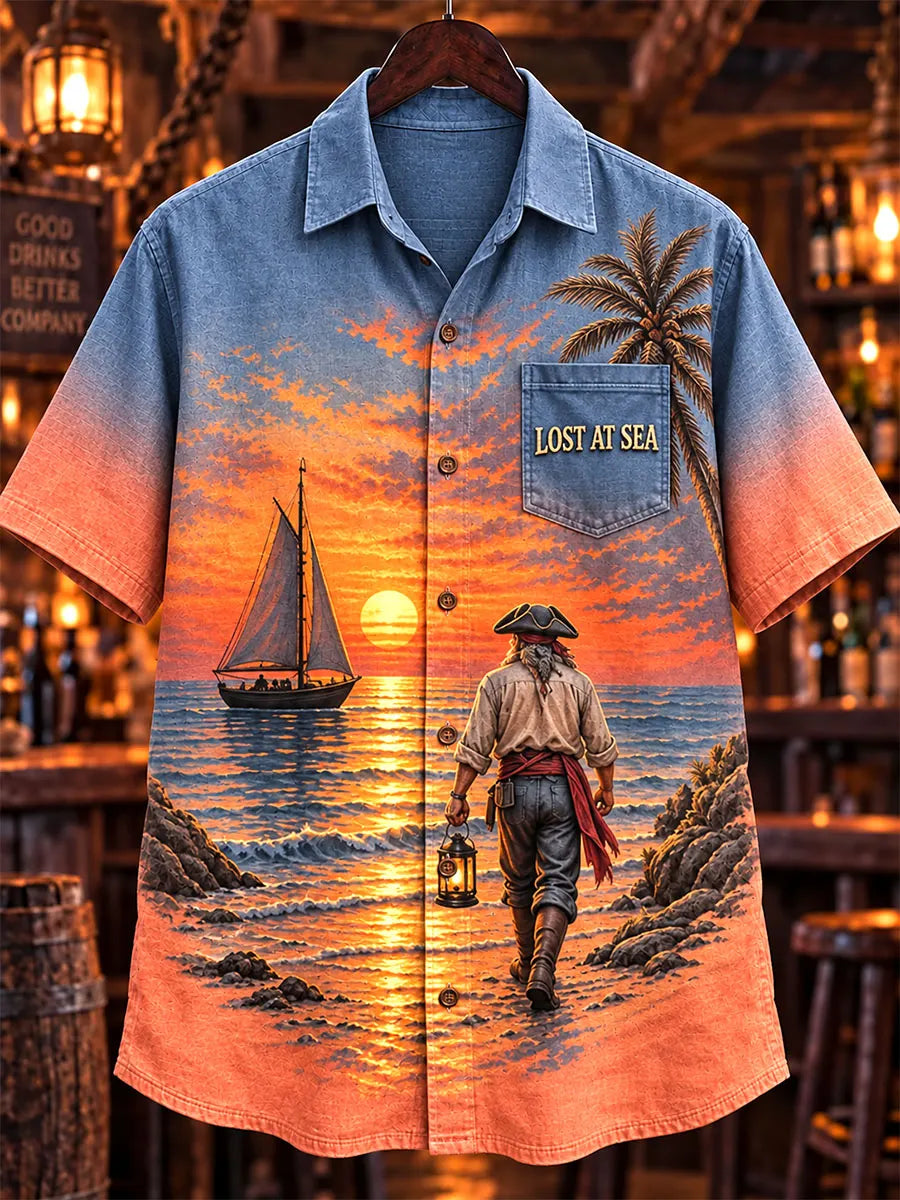 Lost at Sea, Found at the Bar Pirate Sunset Vintage Short Sleeve Shirt