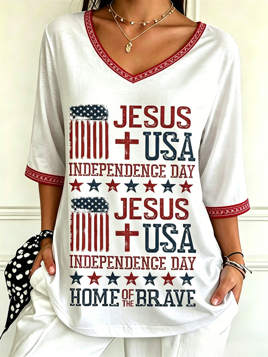 Women'S Faith V-Neck 3/4 Sleeve Casual Printed T-Shirt