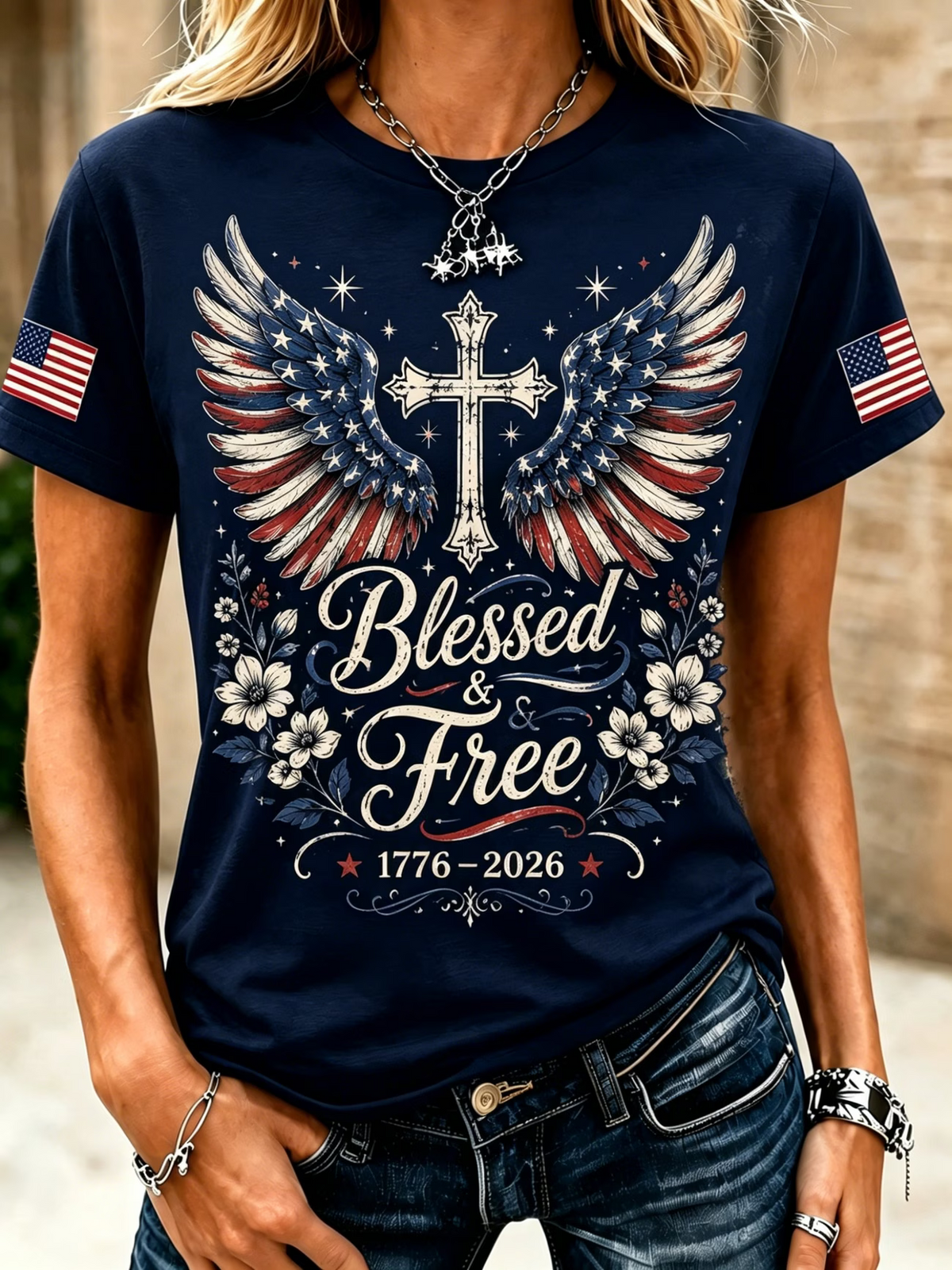American Flag Faith Cross Commemorative Print Round Neck T-Shirt