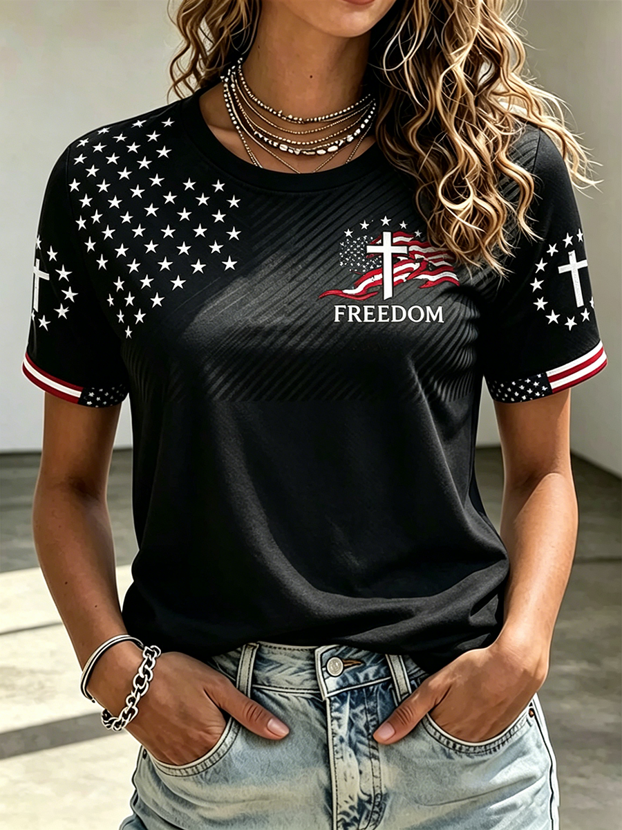 American Flag Faith Cross Commemorative Print Round Neck T-Shirt